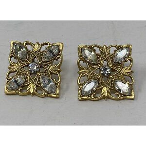 Dressy Square Gold Tone Filigree Earrings With Sparkly Rhinestones